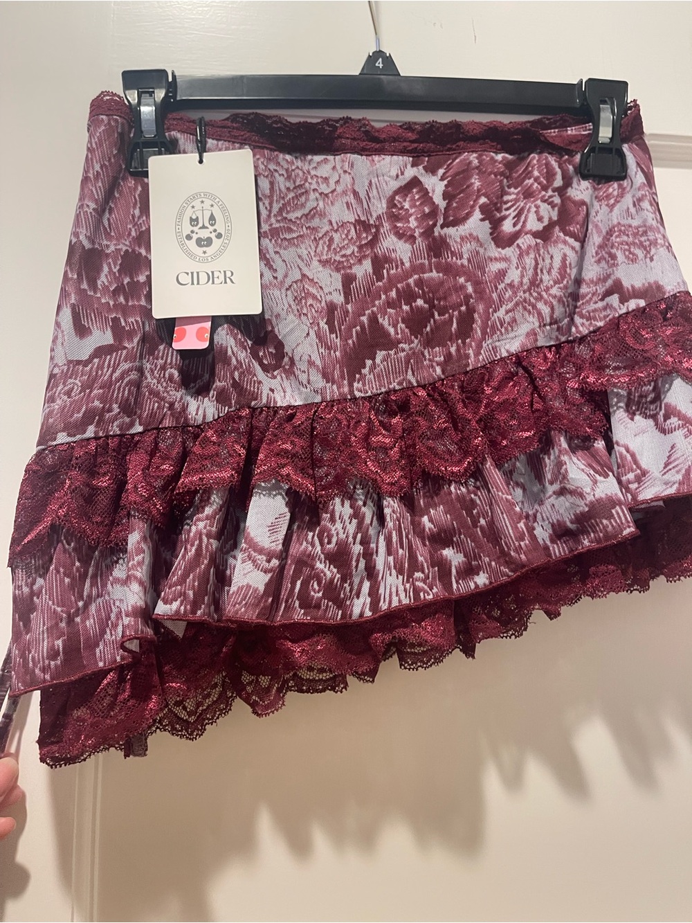Cider Burgundy and Light Gray Asymmetrical Ruffle Mini Skirt